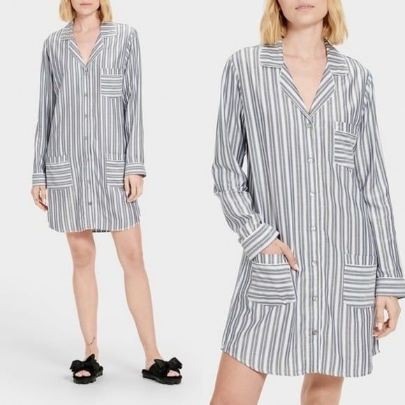 UGG Other - UGG Laura Striped Patch Pocket Nightshirt Size XS Long Sleeve Cotton Blend